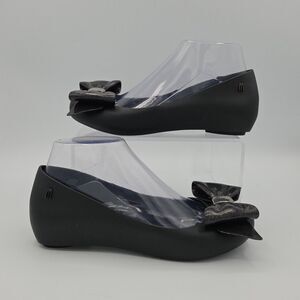 Melissa Ultragirl Black Bow Peep Toe Ballet Flats 6 Slip Ons Jelly EUC